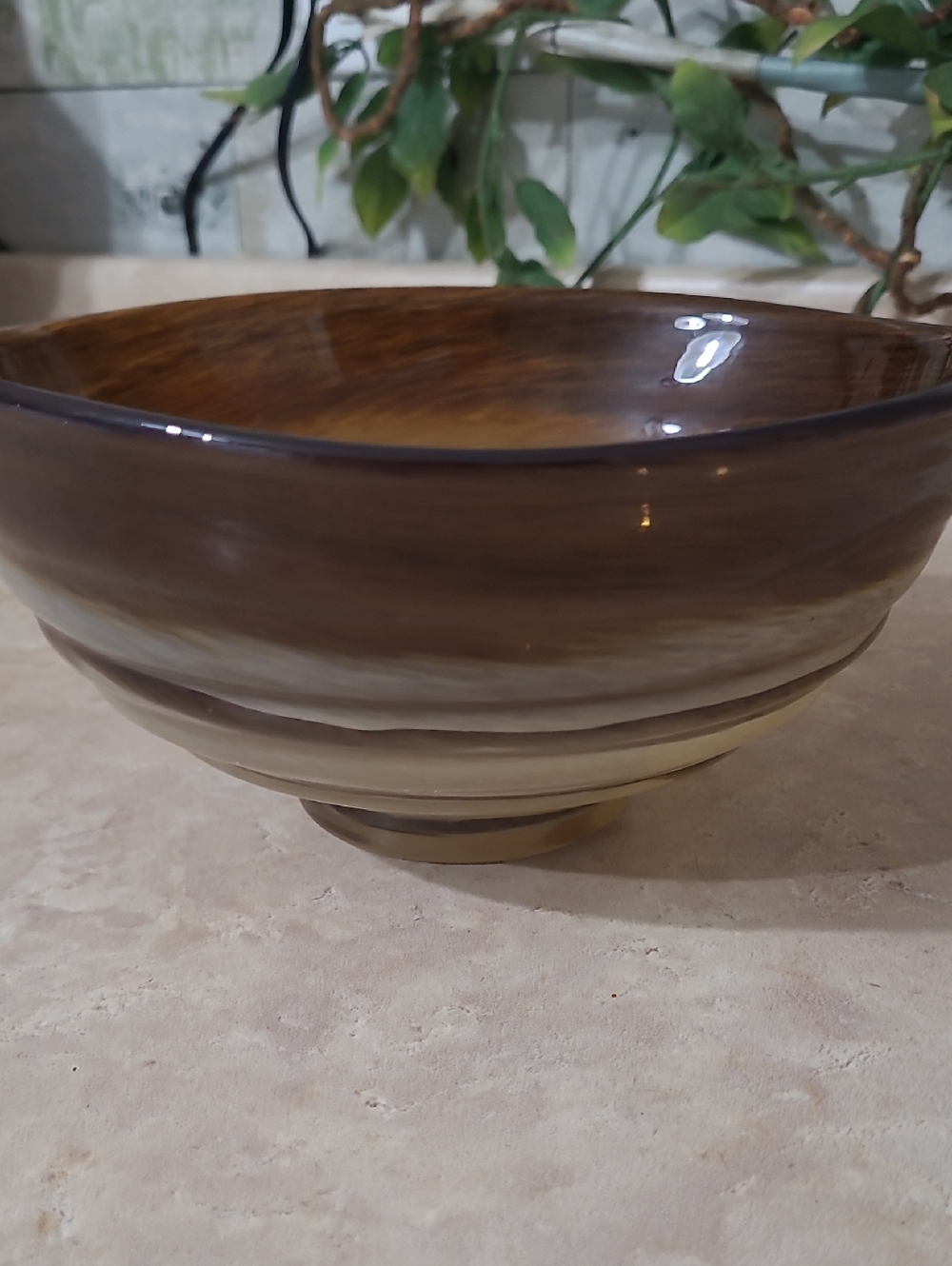 Vintage Brown Swirl Art Glass Pedestal Bowl 9” Decorative Centerpiece